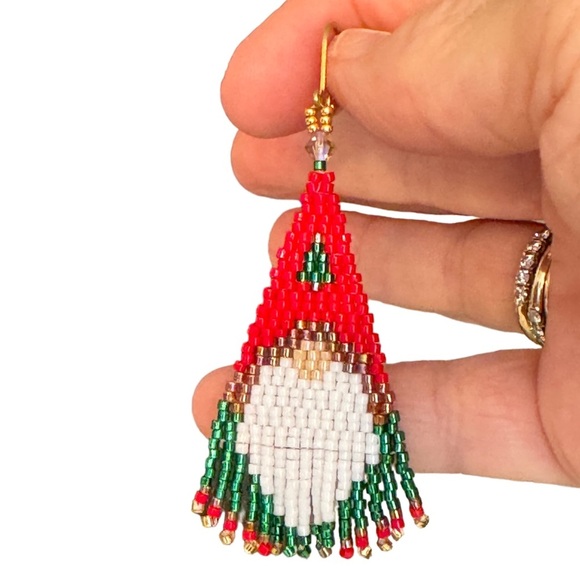 Festive Hand Crafted Gnome Earrings with Christmas Tree Motif Lever Back Closure - Picture 4 of 4